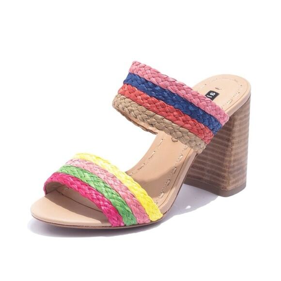 Alice + Olivia Leeda Raffia Rainbow Slip On Block Heel Sandals Rainbow 8 - Picture 1 of 11
